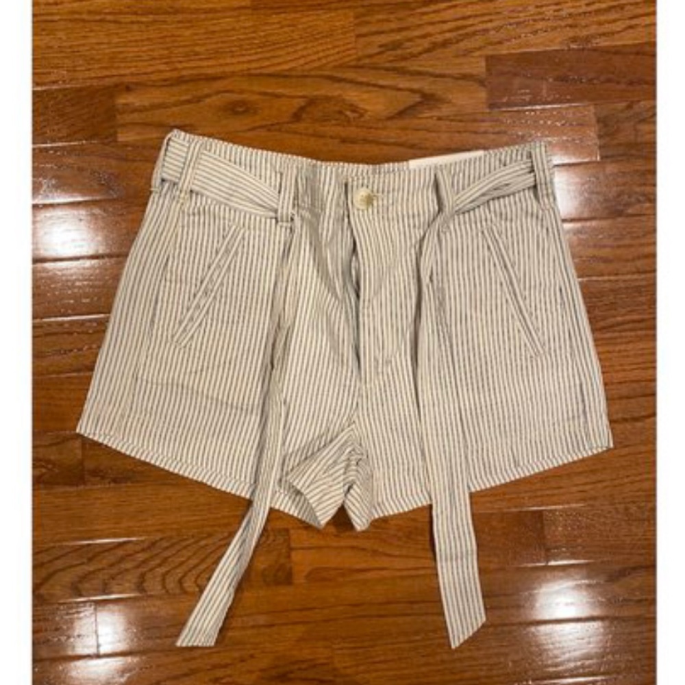 blue and white striped shorts with tie and pockets